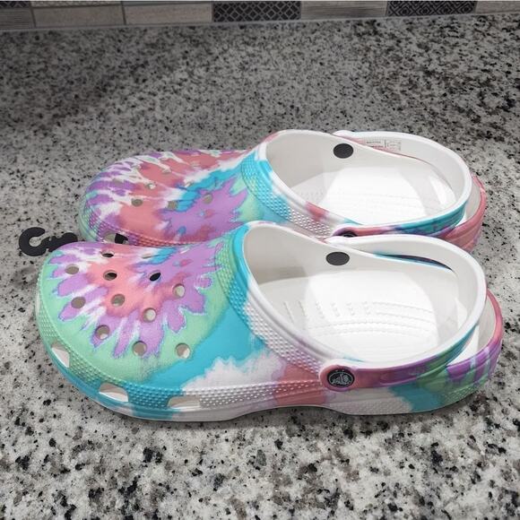 CROCS tie dye pink purple teal and blue clogs sandals men\'s size 12‎ new! main image 4